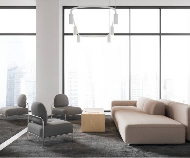 Beyaz duvarları, beton zemini, rahat koltukları ve sarı masanın yanında duran kanepesi olan modern ofis bekleme odasının içinde. Şehir manzaralı panoramik pencereler. 3d oluşturma