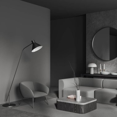 Gri ve taş duvarları, rahat gri koltuğu ve koltuğu, kahve masası ve yuvarlak aynası olan şık bir oturma odası. 3d oluşturma