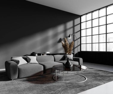 Dark lounge zone interior with sofa and shelf with coffee table and decoration, side view. Mock up copy space empty wall and panoramic window on skyscrapers. 3D rendering clipart