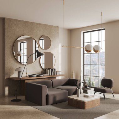 Kanepesi ve koltuğu olan bej, yan görüş rafı dekoratif kahve masası, kırsal alanda panoramik pencere. Modern dairede rahat rahat bir köşe. 3B görüntüleme