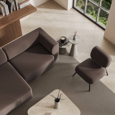 Oturma odası manzarası kanepe, koltuk ve rafla minimalist sanat süslemeleri ve kitaplarla dolu. Bej beton zeminde rahat bir köşe ve halı. 3B görüntüleme