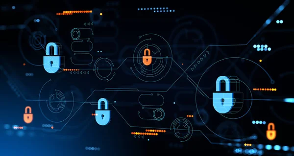 Ψηφιακή Πολύχρωμη Cybersecurity Hud Ολόγραμμα Λαμπερό Κλείδωμα Και Κύκλωμα Δικτύου — Φωτογραφία Αρχείου