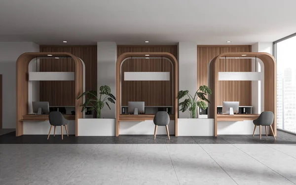 White bank office interior with pc computer and chairs in row, panoramic window and tile grey concrete floor. Consulting open space and modern furniture. 3D rendering