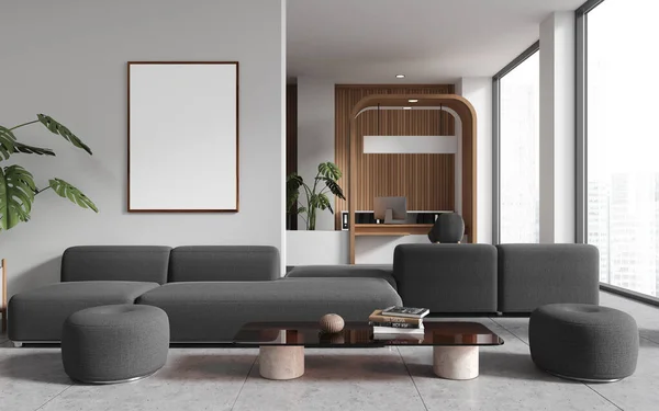 Interior of modern bank waiting room with white and wooden walls, tiled floor, comfortable gray couch standing near coffee table and vertical mock up poster. 3d rendering