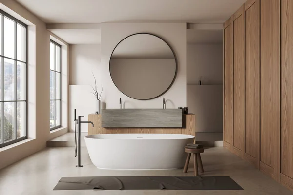 Interior Baño Moderno Con Paredes Blancas Madera Suelo Hormigón Cómoda —  Fotos de Stock