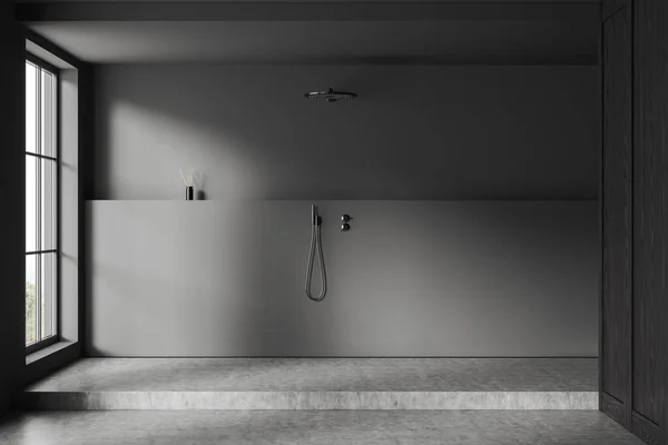 风格时尚的浴室内部 有灰色和黑色的木制墙壁 混凝土地面和舒适的淋浴间 3D渲染 — 图库照片