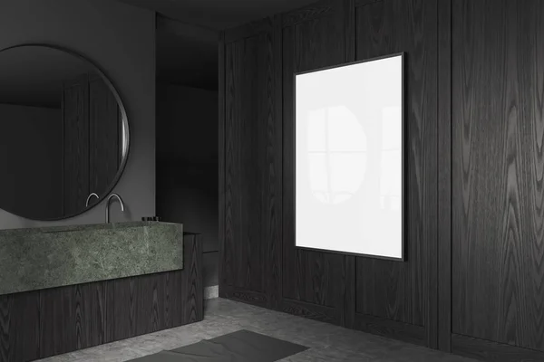 深色酒店浴室内部设有水槽和橱柜 侧观地毯在灰色混凝土地板上 现代公寓的浴池角落 模仿帆布海报 3D渲染 — 图库照片