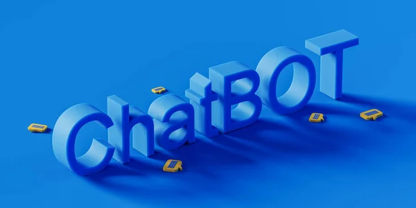 Palabra Azul Chatbot Con Burbujas Habla Alrededor Sobre Fondo Azul — Foto de Stock