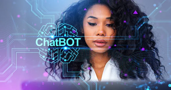 African woman with chatbot hologram and AI brain, digital mental world. Artificial intelligence and virtual assistant. Concept of machine learning and technology