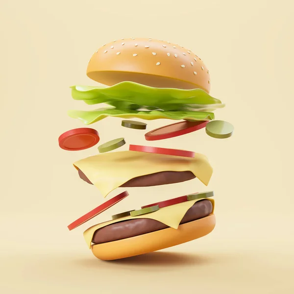 在白色背景上观看卡通芝士汉堡及其配料 快餐和烹调的概念 3D渲染 — 图库照片