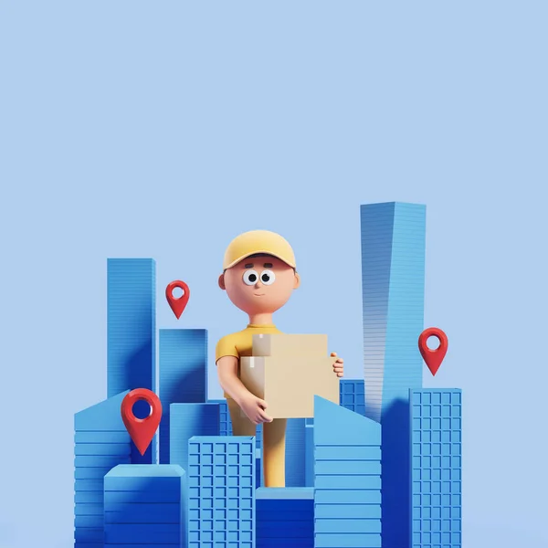 Courier in yellow uniform holding cardboard box in city with geotags over blue background. Concept of delivery and logistics. 3d rendering