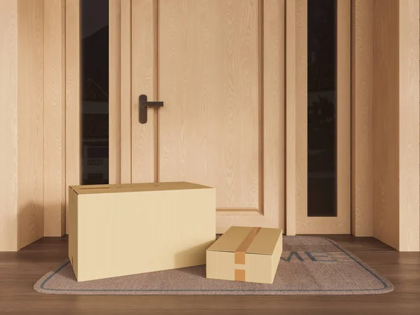 Two Cardboard Boxes Lying Door Mat Light Wooden Door Concept — Stock Photo, Image