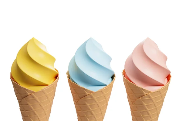 Cartoon Colorful Ice Cream Cones Row White Copy Space Background — Stock Photo, Image