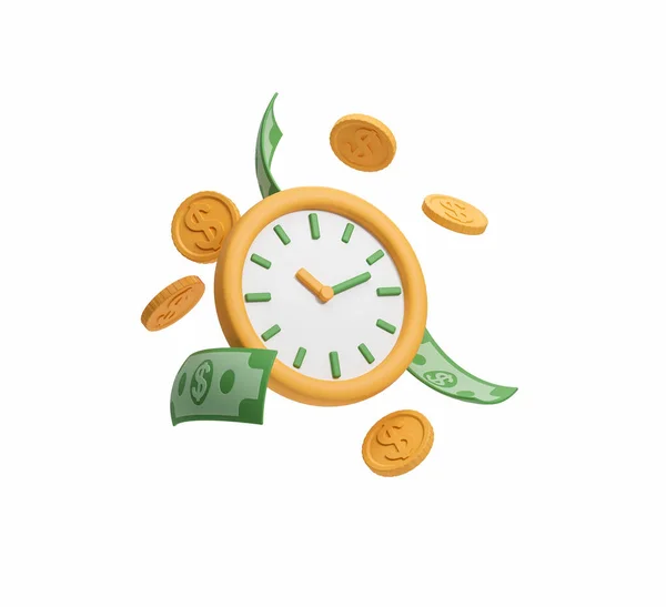 Карикатурные Желтые Часы Падающими Долларовыми Монетами Банкнотами Белый Фон Концепция — стоковое фото