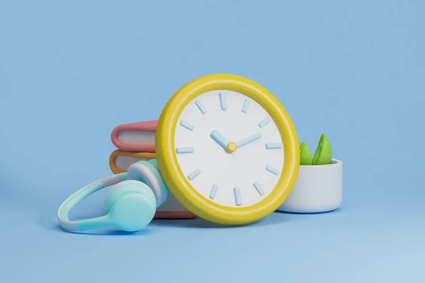 Stylish cartoon clock standing near stack of books, house plant and headphones over blue background. Concept of time for leisure. 3d rendering