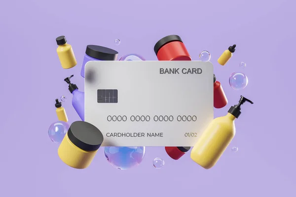 Kreditkarte Mit Verschiedenen Kosmetikflaschen Auf Violettem Hintergrund Konzept Der Schönheitspflege — Stockfoto