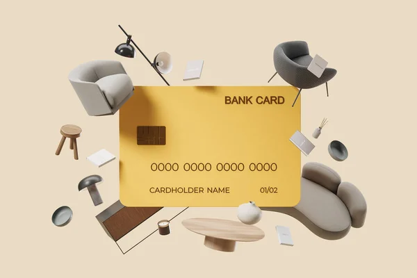 Cartão Crédito Bancário Amarelo Mobiliário Moderno Minimalista Casa Flutuante Fundo — Fotografia de Stock