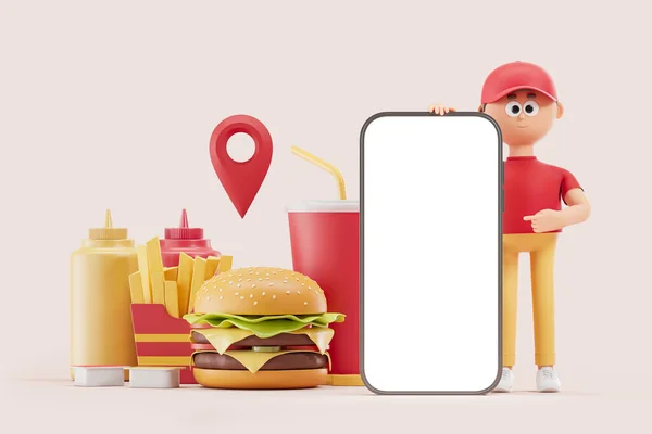 3D渲染 卡通人物信使手指指向巨大的模拟电话屏幕 用于在线快速食品交付的移动应用程序 实时说明跟踪订单 — 图库照片