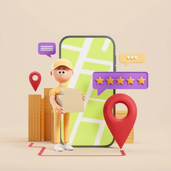 3d rendering. Cartoon character man courier with carton parcel, phone screen with map and geo tag. Five star rating and comment bubble. Concept of delivery service illustration