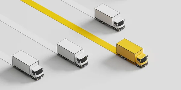 Ряд Вантажівок Рухаються Вид Зверху Жовті Білі Фургони Доставки Рухаються — стокове фото