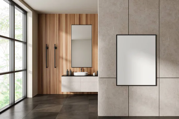 Modernes Hotelbadezimmer Mit Waschbecken Schrank Mit Accessoires Und Braunem Fliesenbetonboden — Stockfoto