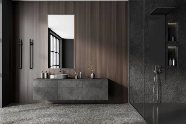 Cuarto Baño Interior Madera Oscura Con Lavabo Ducha Con Accesorios — Foto de Stock