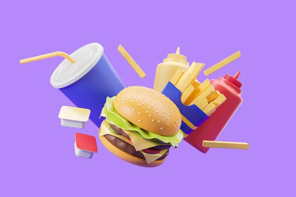 芝士汉堡 番茄酱和芥末 背景为紫色 快餐和营养的概念 3D渲染 — 图库照片