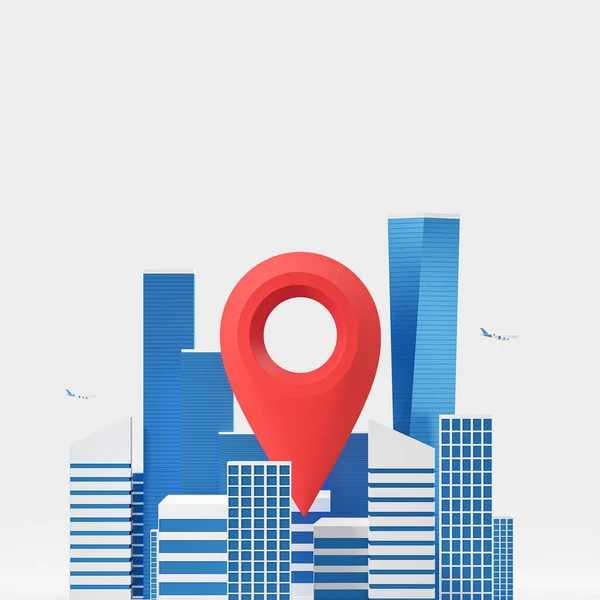 白い背景に青い都市の大きな赤い地理的タグ ナビゲーションと旅行の概念 3Dレンダリング — ストック写真