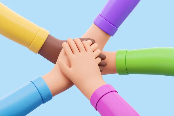 3d rendering. Cartoon characters hands lying on hands. Multinational partnership, teamwork and cooperation. Concept of community, support and social movement illustration