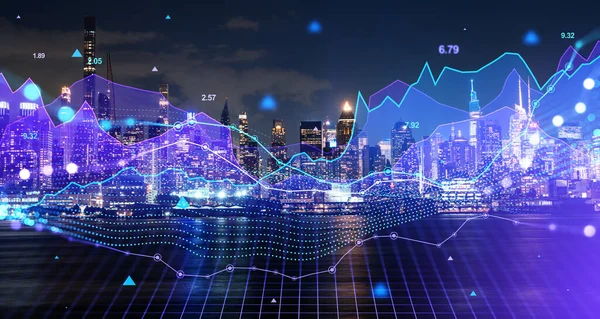 Noční Panorama New Yorku Dvojitou Expozicí Digitálních Finančních Diagramů Koncepce — Stock fotografie