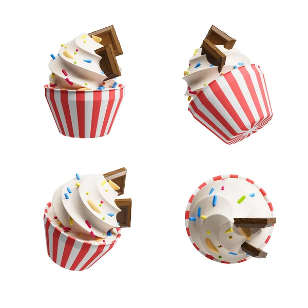 Cartoon cup cakes decorated with chocolate and confetti, four pieces from different angles on white background. Concept of pastry and sweets. 3D rendering illustration