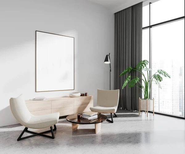 Salón Interior Blanco Con Sillones Aparador Con Vista Lateral Decoración — Foto de Stock