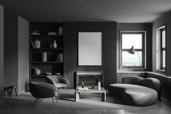 Dark Living Room Interior Sofa Armchairs Shelf Fireplace Relax Place — Stock Photo, Image