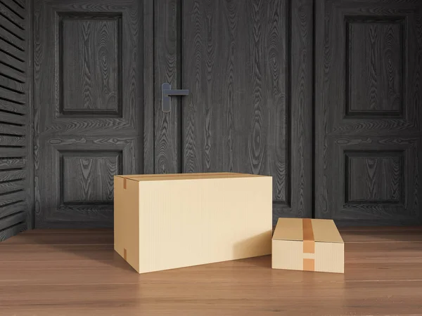 Zwei Geschlossene Pappkartons Der Schwarzen Holzhaustür Pakete Hartholzboden Konzept Der — Stockfoto