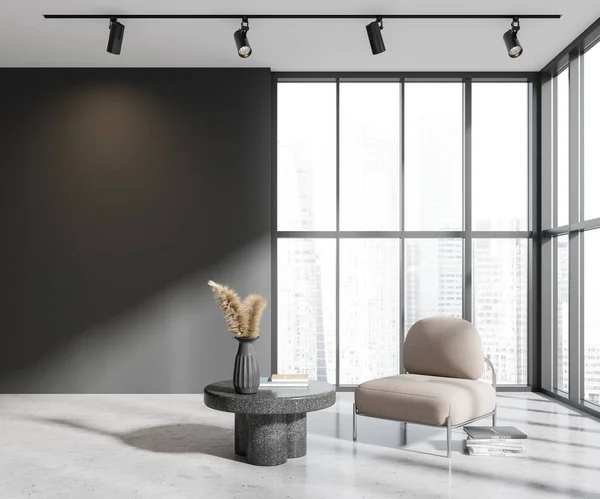 黑暗的居家客厅内部有柔软的扶手椅和咖啡桌 灰色混凝土地板 摩天大楼上的全景窗户 用灰色的空墙来放松一下 3D渲染 — 图库照片