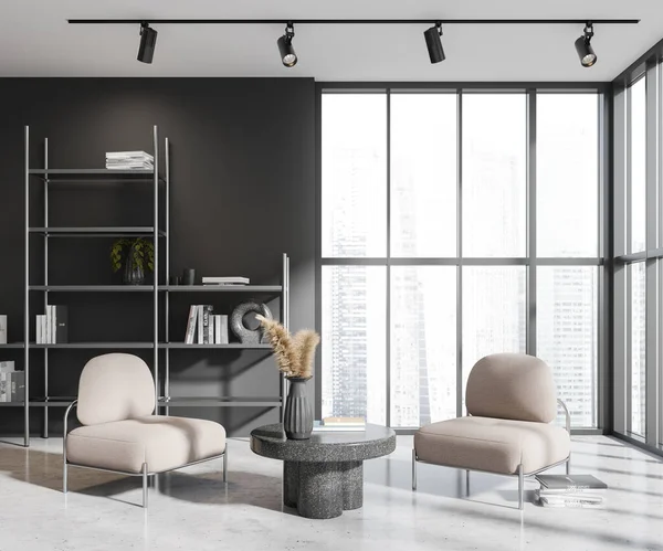 客厅内饰时尚 墙壁灰 石板地板 两张舒适的白色扶手椅 靠近咖啡桌和全景窗 3D渲染 — 图库照片