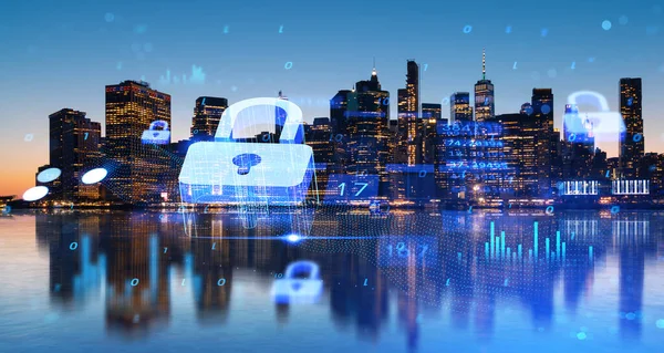 New York skyline at night, data blocks with glowing lock and analysis. Double exposure digital cybersecurity hologram. Concept of security, finance and business data protection