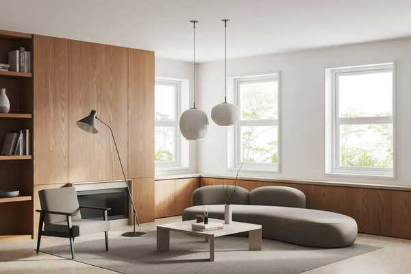 Gemütliche Wohnzimmereinrichtung Mit Sofa Und Sessel Seitenblick Regal Und Couchtisch — Stockfoto
