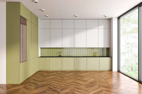 白色和绿色厨房内部与烹饪空间和水槽与炉灶 橱柜与最低限度的厨房用具和全景窗口热带地区 3D渲染 — 图库照片
