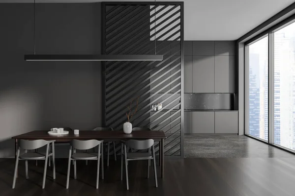 Interior Cozinha Moderna Com Paredes Cinzentas Armários Cinzentos Grande Janela — Fotografia de Stock