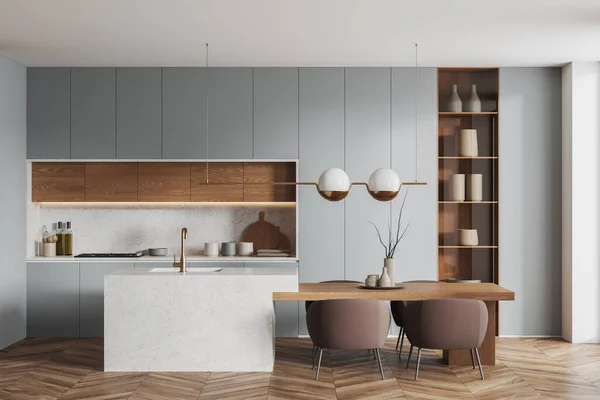 Interior Cozinha Moderna Com Paredes Brancas Piso Madeira Armários Cinza — Fotografia de Stock