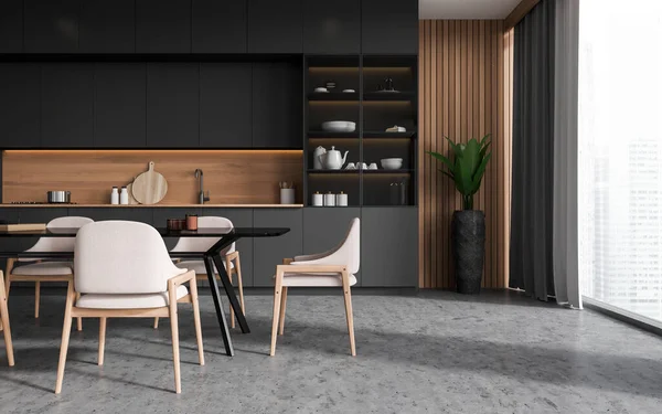 グレーと木製の壁 コンクリート床 グレーのキャビネット 食器棚 椅子付きの長いダイニングテーブルとスタイリッシュなキッチンのインテリア 3Dレンダリング — ストック写真