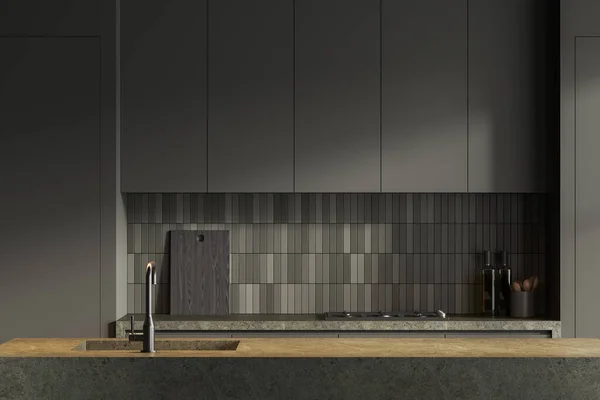 Interieur Der Stilvollen Küche Mit Grauen Wänden Gemütlichen Grauen Schränken — Stockfoto