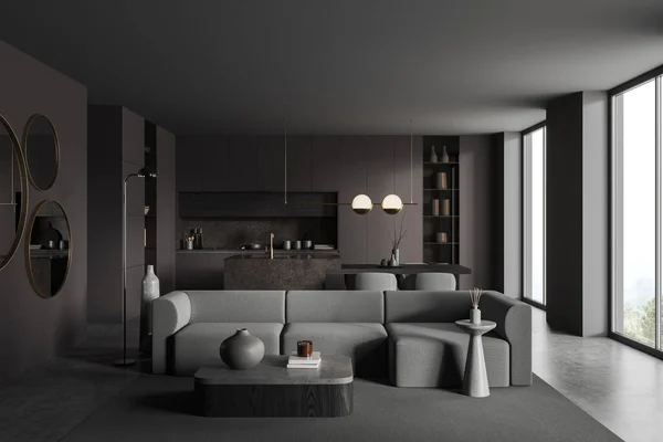 Dark Home Interieur Mit Sofa Und Bar Insel Mit Hocker — Stockfoto
