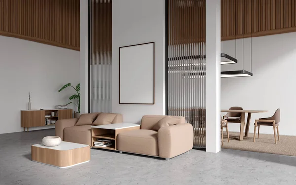 家居装饰有扶手椅 咖啡桌 侧观餐桌和餐具柜的白色客厅 在隔板上装饰帆布海报 3D渲染 — 图库照片