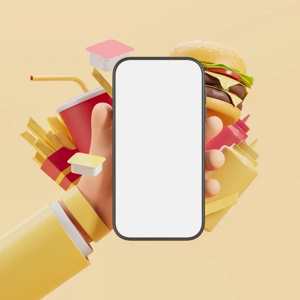 Çizgi Film Karakteri Elinde Akıllı Telefonla Hamburger Patates Kızartması Içkileri — Stok fotoğraf