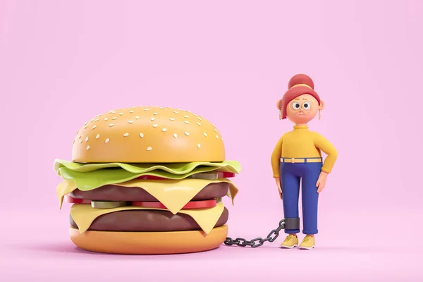 在粉色背景下 卡通片中红头发女人被拴在大汉堡上的景象 快餐和节食的概念 3D渲染 — 图库照片