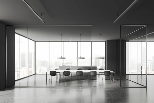 Interior Elegante Sala Reuniões Escritório Com Paredes Cinza Vidro Piso — Fotografia de Stock