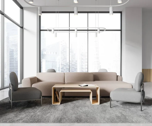 White business interior lounge zone with sofa and armchairs on carpet, panoramic window on skyscrapers. Cozy chill room design in business loft. 3D rendering