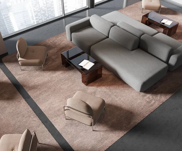 Draufsicht Auf Dunkle Büroräume Mit Sofa Und Sesseln Auf Teppich — Stockfoto